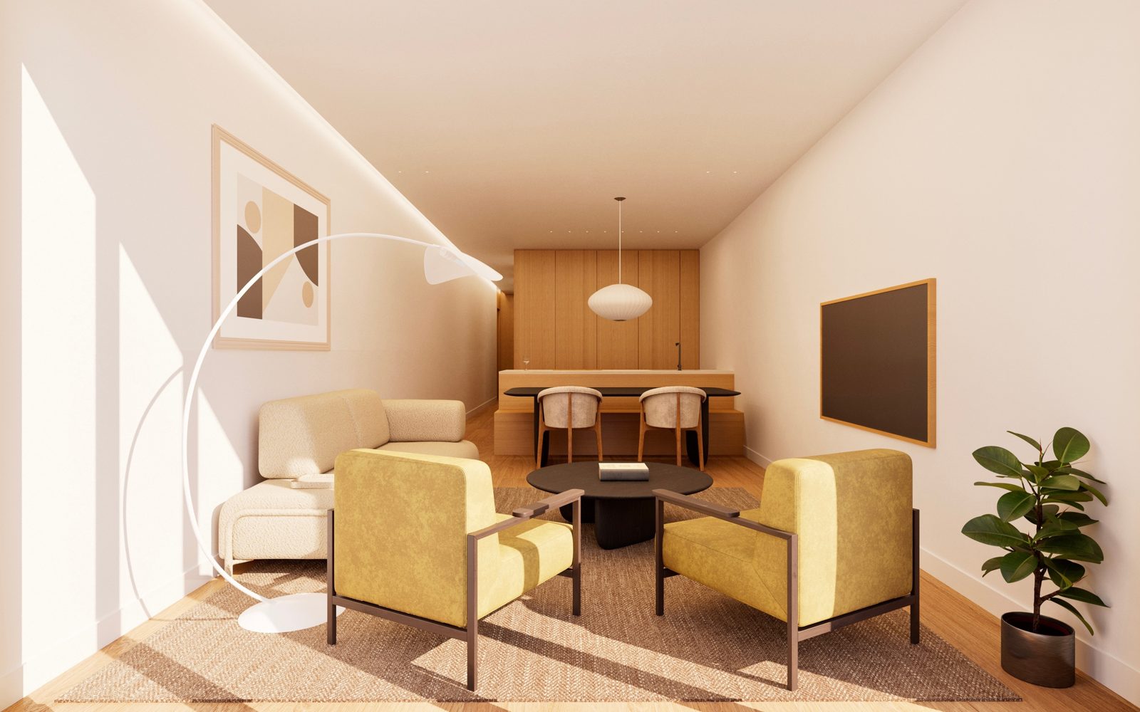 Infografía de la zona de estar de un loft